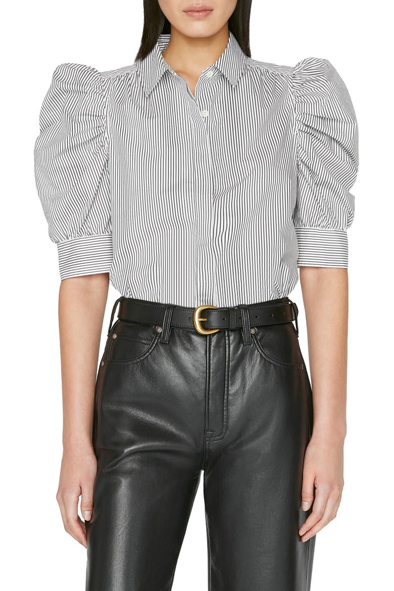Stripe Puff Sleeve Organic Cotton Button-Up Shirt, Main, color, NOIR MULTI