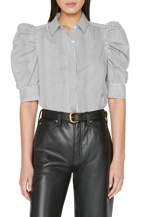 Stripe Puff Sleeve Organic Cotton Button-Up Shirt