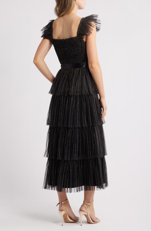Tahari Asl Pleated Tiered Metallic Dress In Black Gold