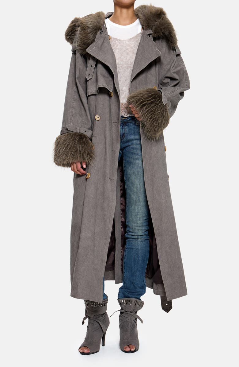 JADED LONDON Hooded Faux Fur Trim Trench Coat, Alternate, color, Grey
