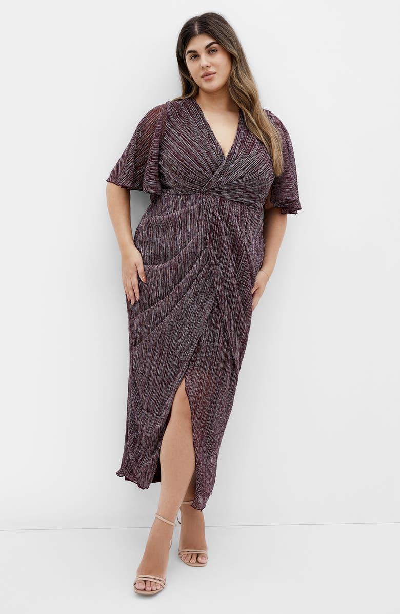 City Chic Macy Metallic Flutter Sleeve Maxi Dress, Main, color, Purple