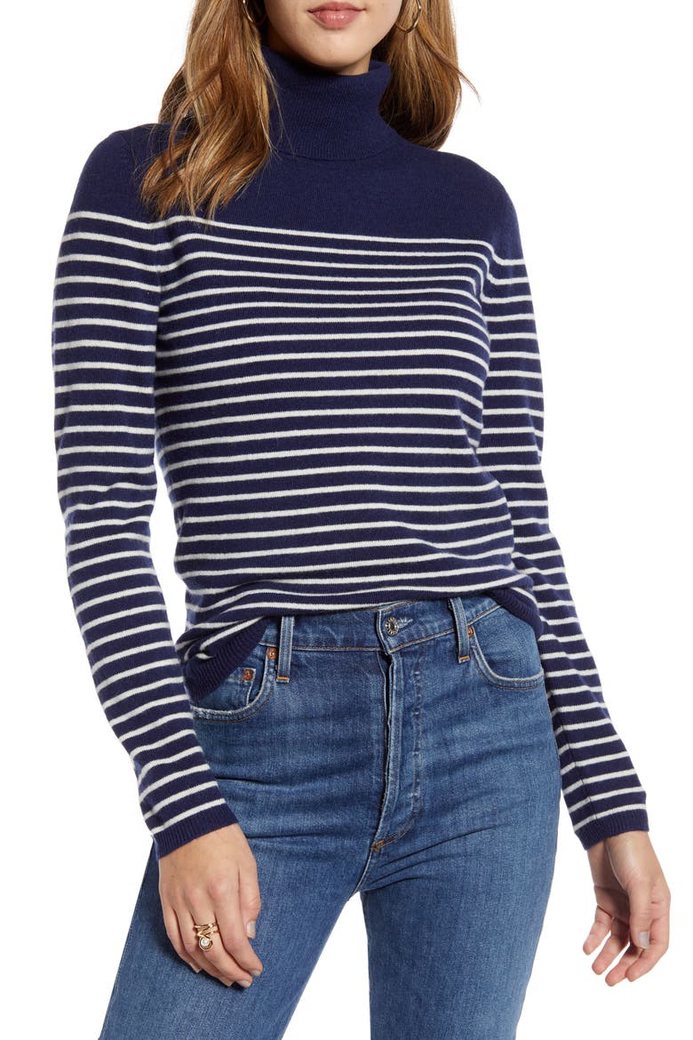 Stripe Wool & Cashmere Turtleneck Sweater, Main, color, NAVY- IVORY STRIPE