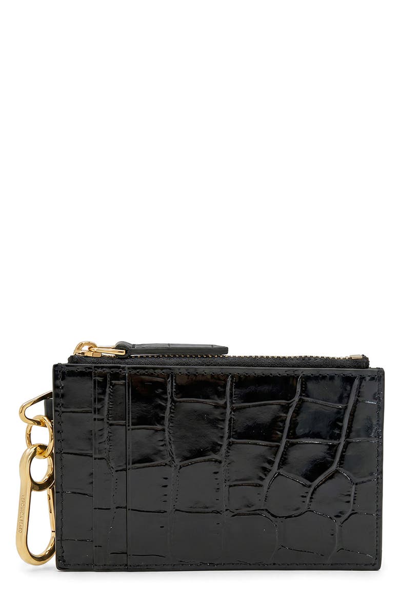 Croc Embossed Zip Card Holder, Main, color, BLACK