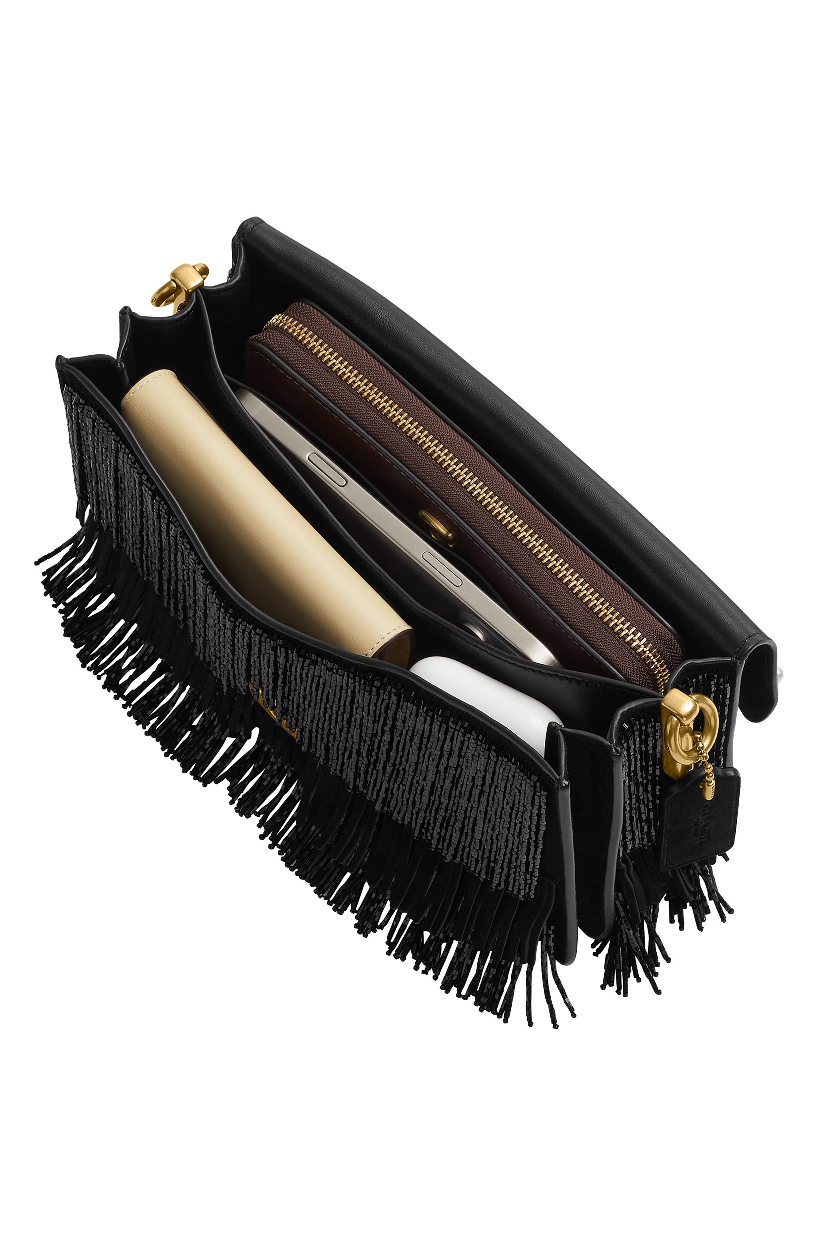 COACH Tabby Crystal Beaded Fringe Leather Shoulder Bag, Alternate, color, B4/ Black