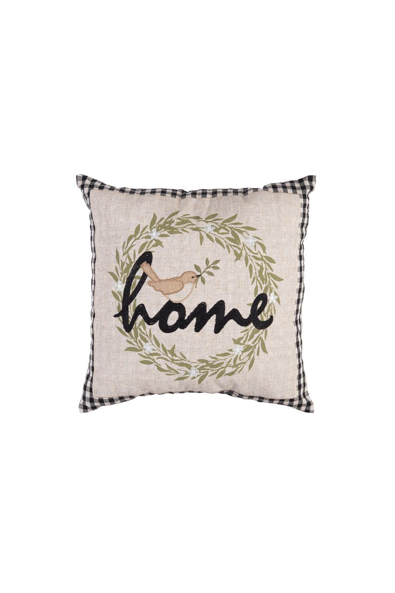 Wreathed Birds Home Embroidered Throw Pillow, 17" x 17", Main, color, Brown