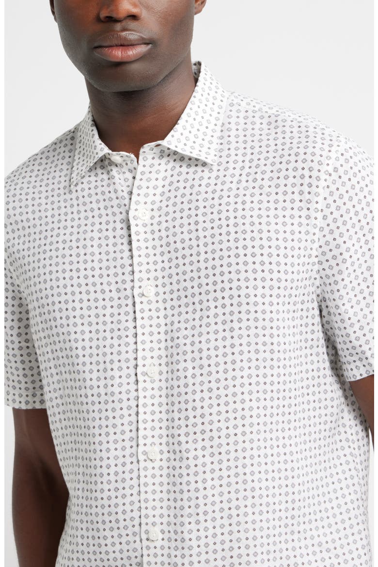 Tile Pattern Short Sleeve Linen Button-Up Shirt, Alternate, color, WHITE TILE GEO