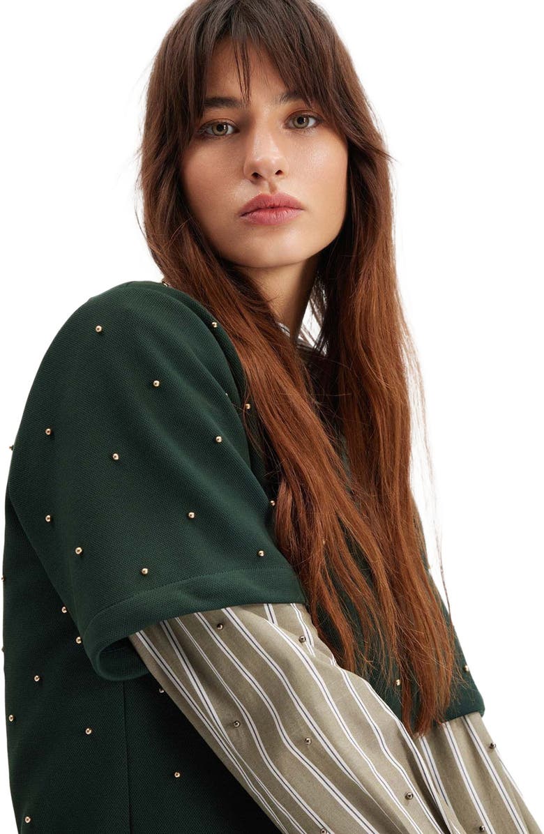 THEO The Label Echo Mix Stripe Pearly Shirt, Alternate, color, Tapenade/Gunmetal