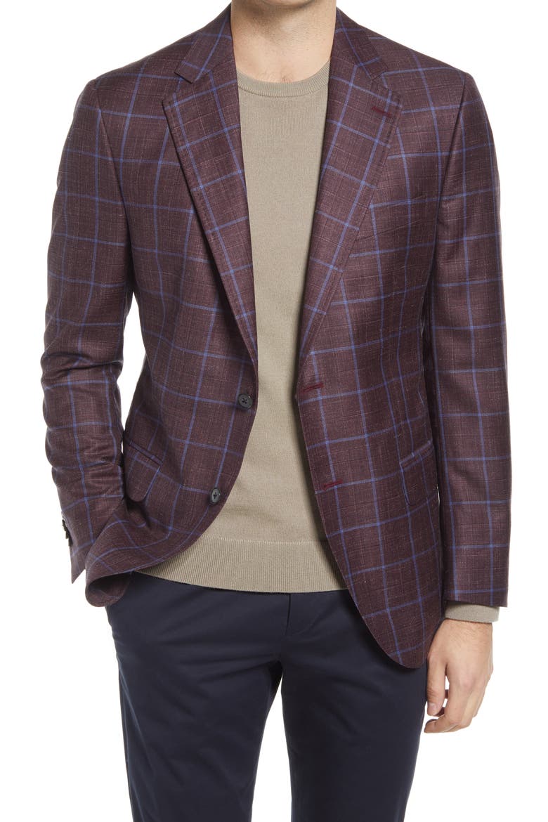 Windowpane Slub Wool Blend Sport Coat, Main, color, MAROON