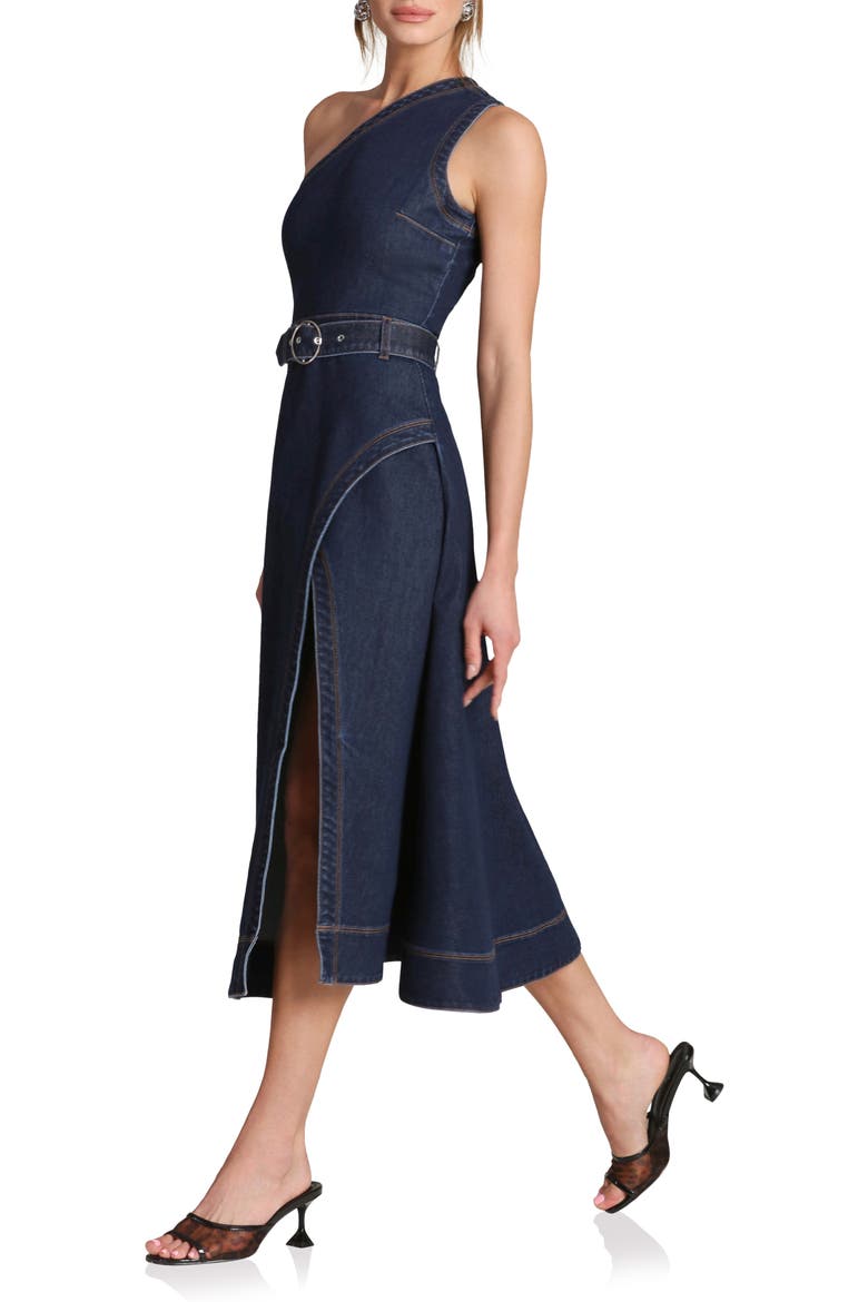 One-Shoulder Denim Midi Dress, Alternate, color, ROYAL RINSE