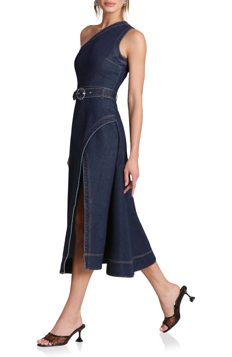 Avec Les Filles One-Shoulder Denim Midi Dress, Alternate, color, Royal Rinse