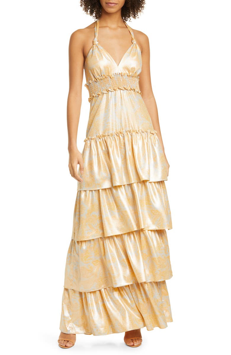 LIKELY Ivy Tiered Satin Maxi Dress, Main, color, 