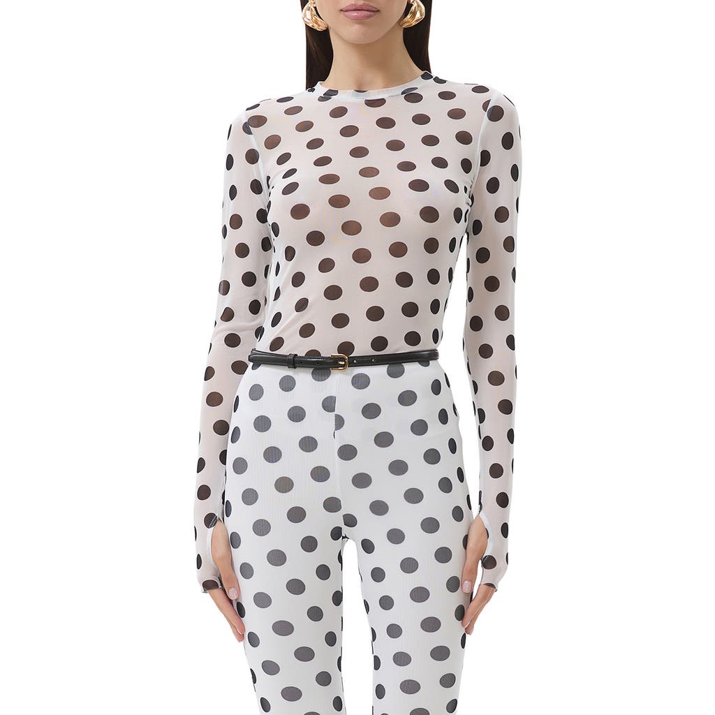 Afrm Kaylee Printed Long Sleeve Mesh Top In Blanc Dot