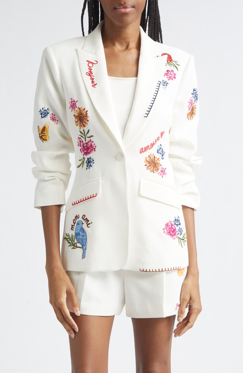 Cinq à Sept Celeste Vine Scrunched Embroidered Blazer, Main, color, Ivory/ Multi