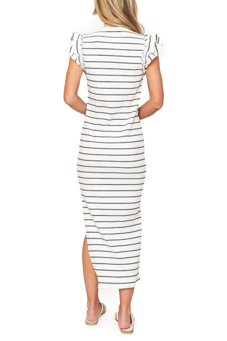 Ruffle Cap Sleeve Rib Henley Maxi Dress, Alternate, color, WHITE BLACK STRIPE