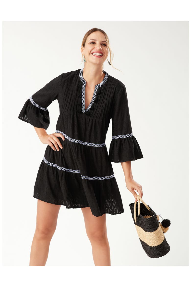 Embroidered Tiered Cotton Dress, Alternate, color, BLACK