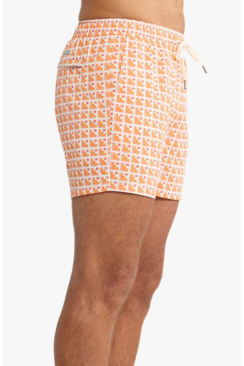 Bungalow Geo Print Water Repellent Swim Trunks, Alternate, color, SUNSET STAIRS (815)