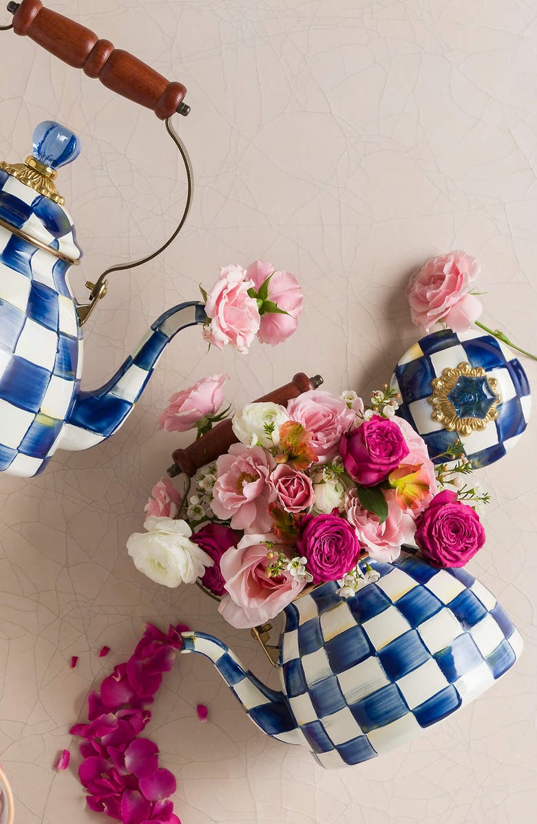 MACKENZIE CHILDS Royal Check Enameled Steel 2-Quart Tea Kettle, Alternate, color, Blue/ White