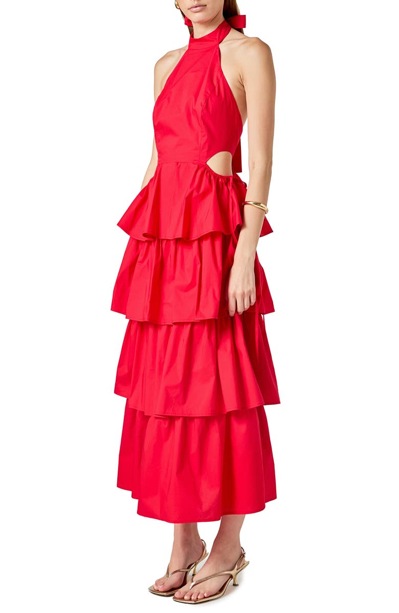 Endless Rose Tiered Ruffle Halter Maxi Dress, Alternate, color, Red