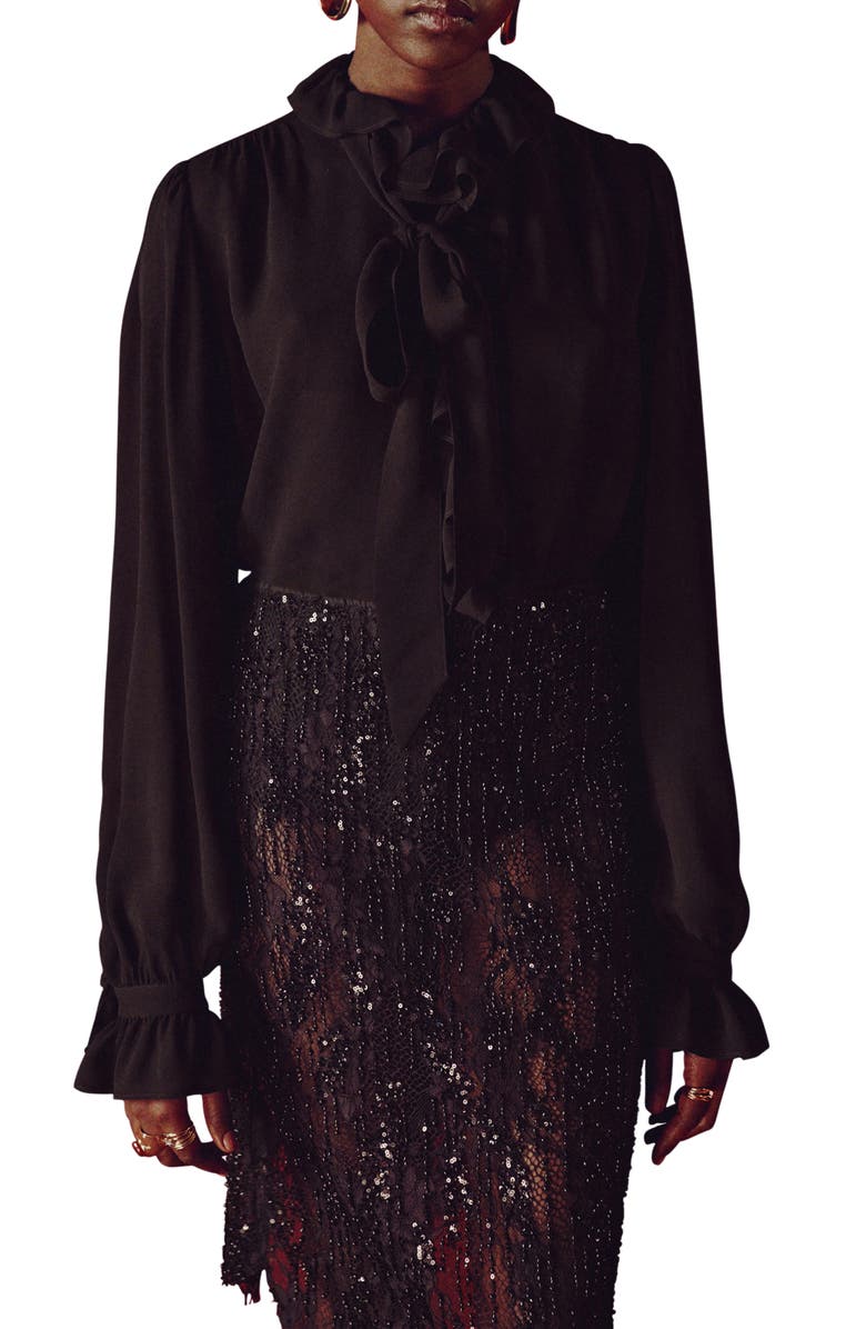 MANGO Ruffle Front Button Top, Main, color, Black