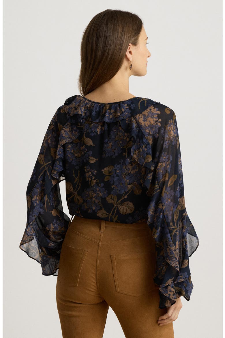 Floral Print Ruffle Trim Blouse, Alternate, color, NAVY BLUE/ MULTI