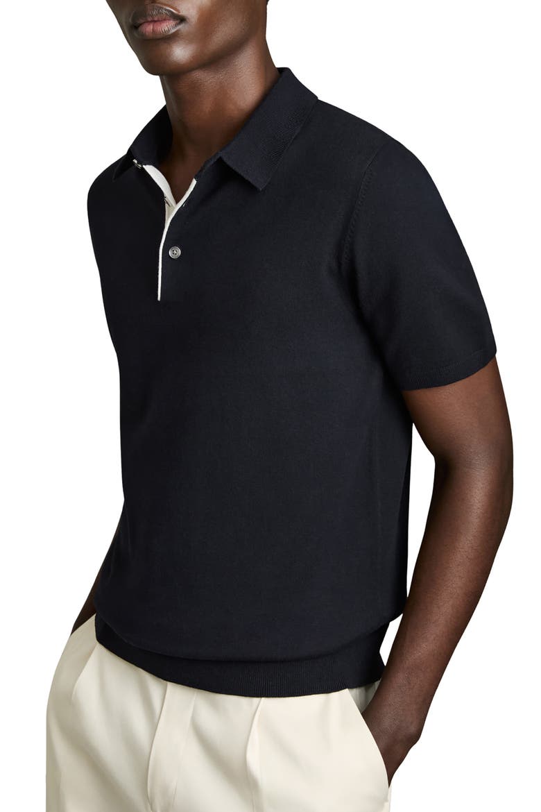 Finch Short Sleeve Linen & Cotton Polo Sweater, Main, color, NAVY