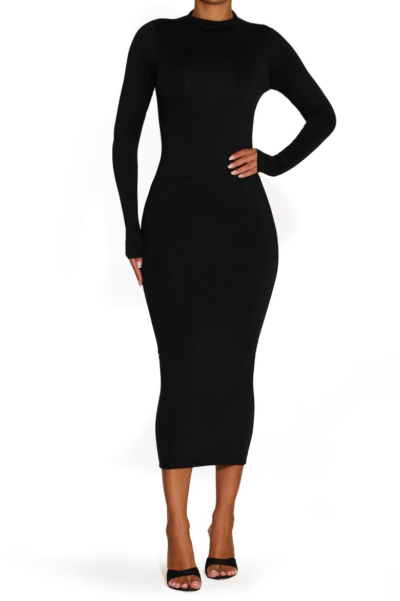 Bare Long Sleeve Midi Dress, Main, color, BLACK