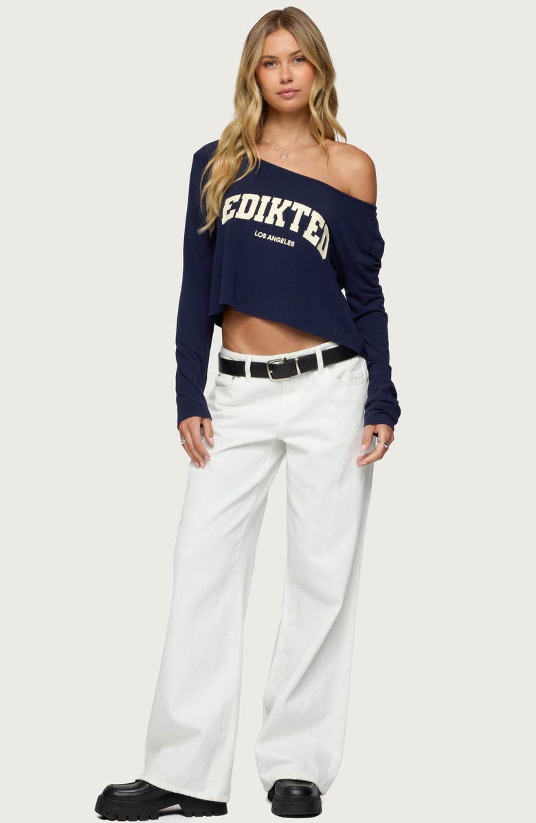 EDIKTED LA Babe Off the Shoulder Crop Graphic T-Shirt, Alternate, color, Navy-And-Cream