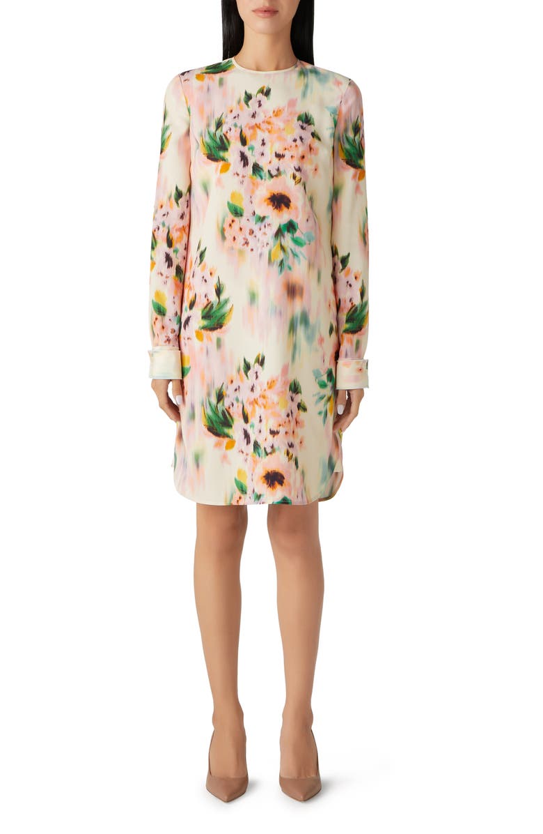 St. John Collection Blurred Floral Print Silk Blend Shift Dress, Main, color, 