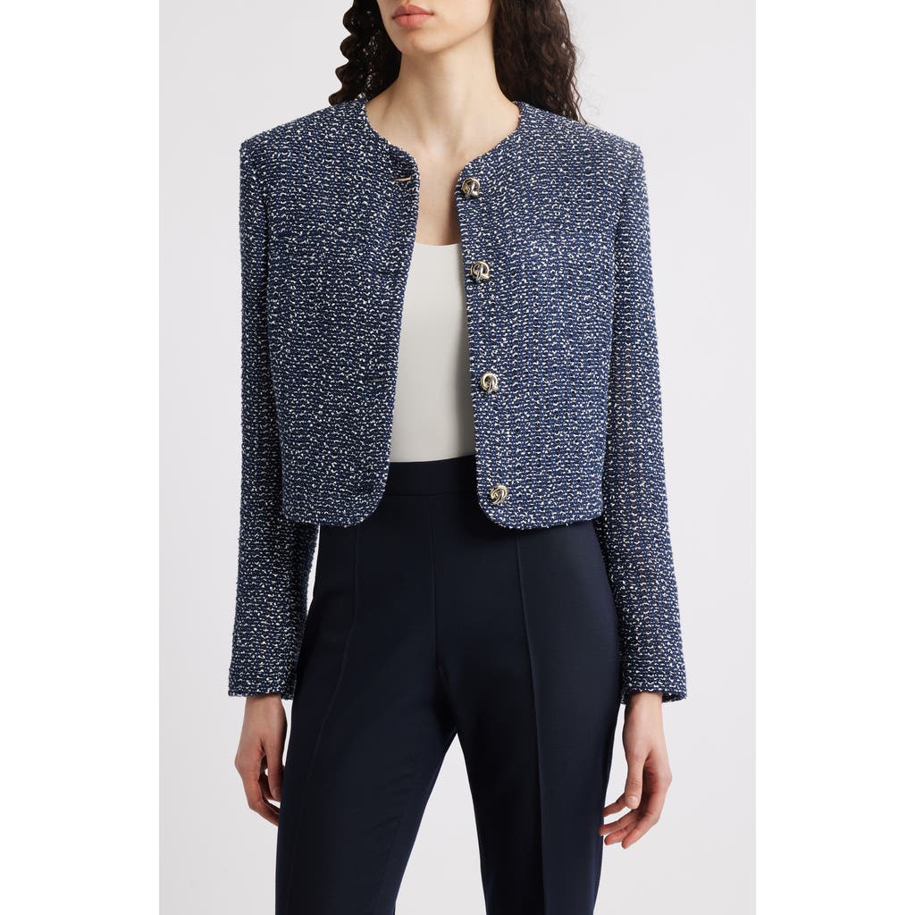 Hugo Boss Boss Jolena Crop Tweed Jacket In Navy Crochet Tweed