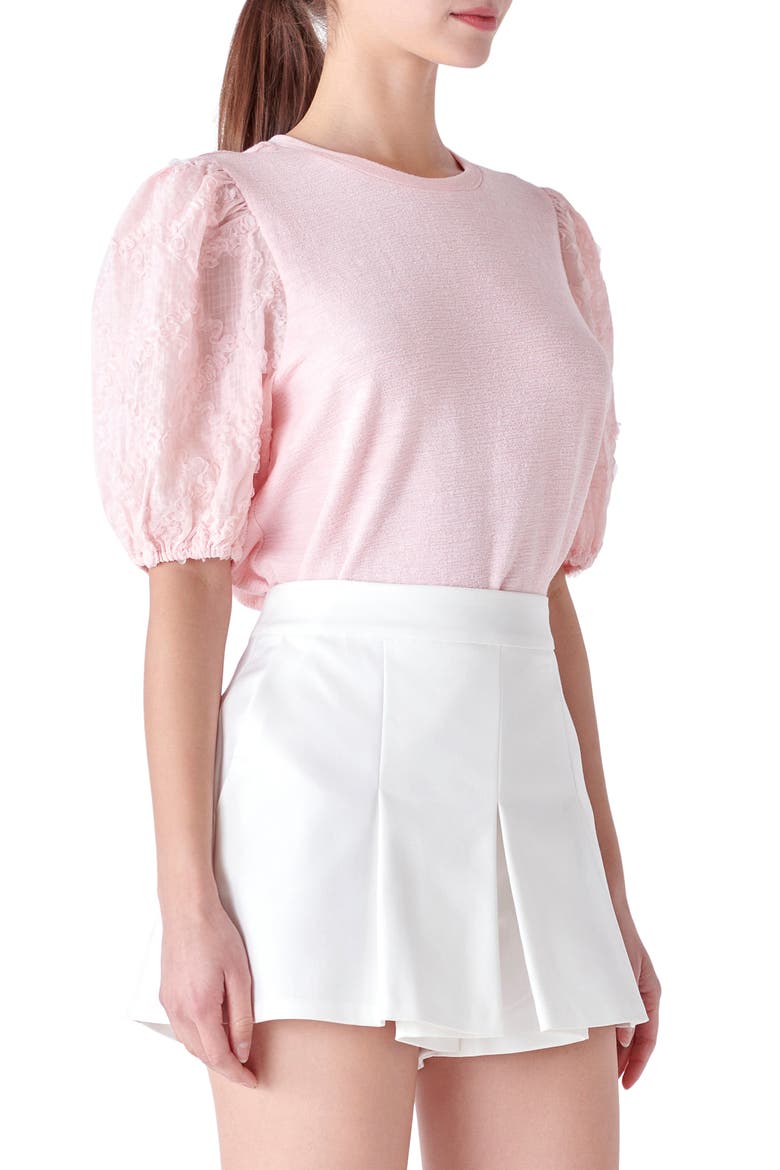 Mixed Media Puff Sleeve Top, Alternate, color, PINK