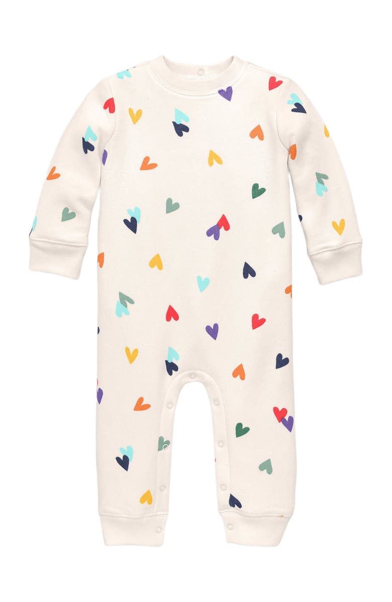 Primary Baby Cozy Fleece Sweatshirt Romper In Rainbow Confetti Hearts, Main, color, Oat