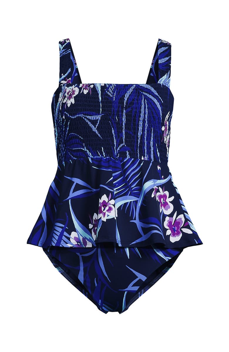 Lands' End Smocked Tankini Top and High Waisted Bottoms Swimsuit Set, Alternate, color, Deep Sea Navy Tropical Floral