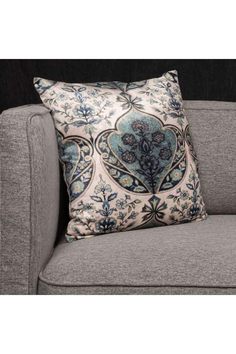Cotton Blend Velvet Printed Pillow with Floral Pattern, Cream and Blue, Alternate, color, Cream