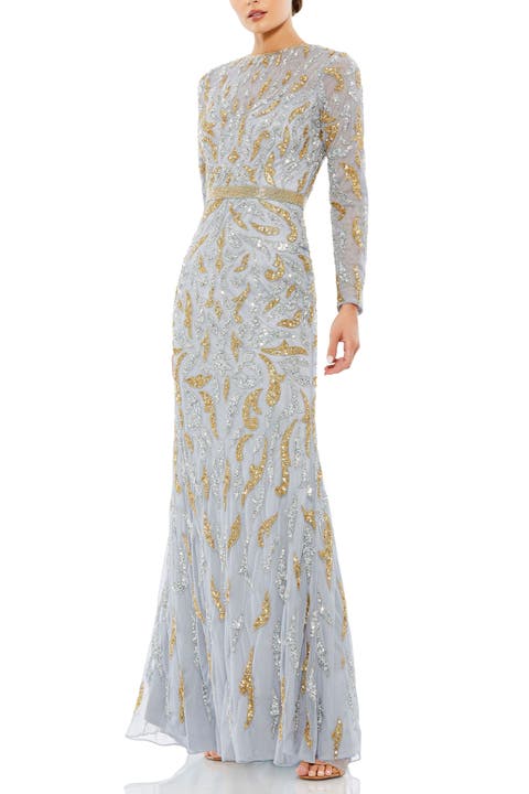 Abstract Beaded Long Sleeve Evening Gown