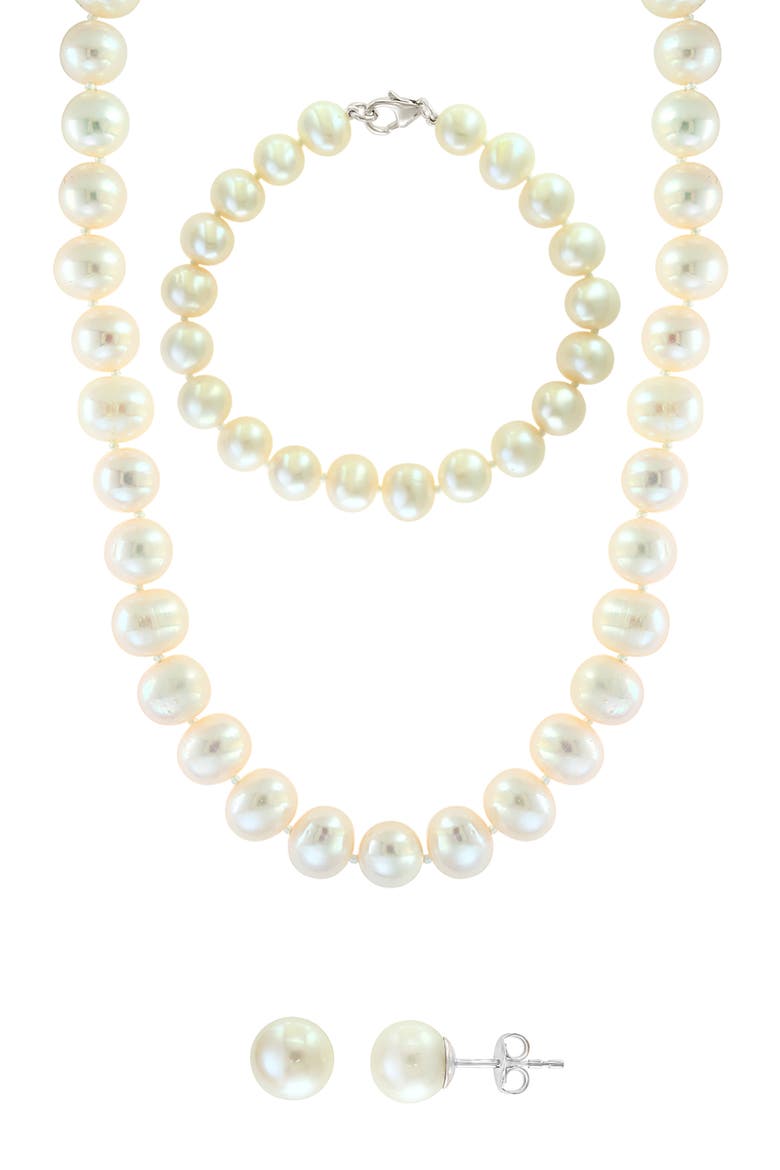 Three-Piece Freshwater Pearl Necklace, Bracelet and Earrings Set, Main, color, WHITE