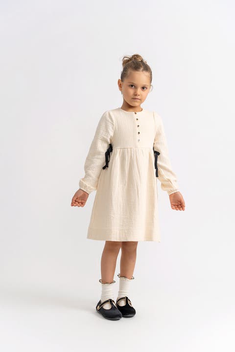 Woven Ribbon Cotton Dress for Girls - Long Sleeve, Crewneck, Button Closure