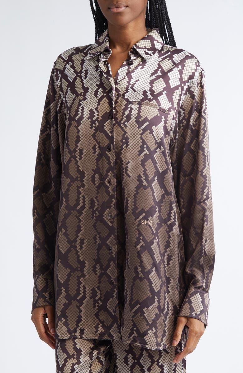 Stella McCartney Snakeskin Print Satin Button-Up Shirt, Alternate, color, Natural