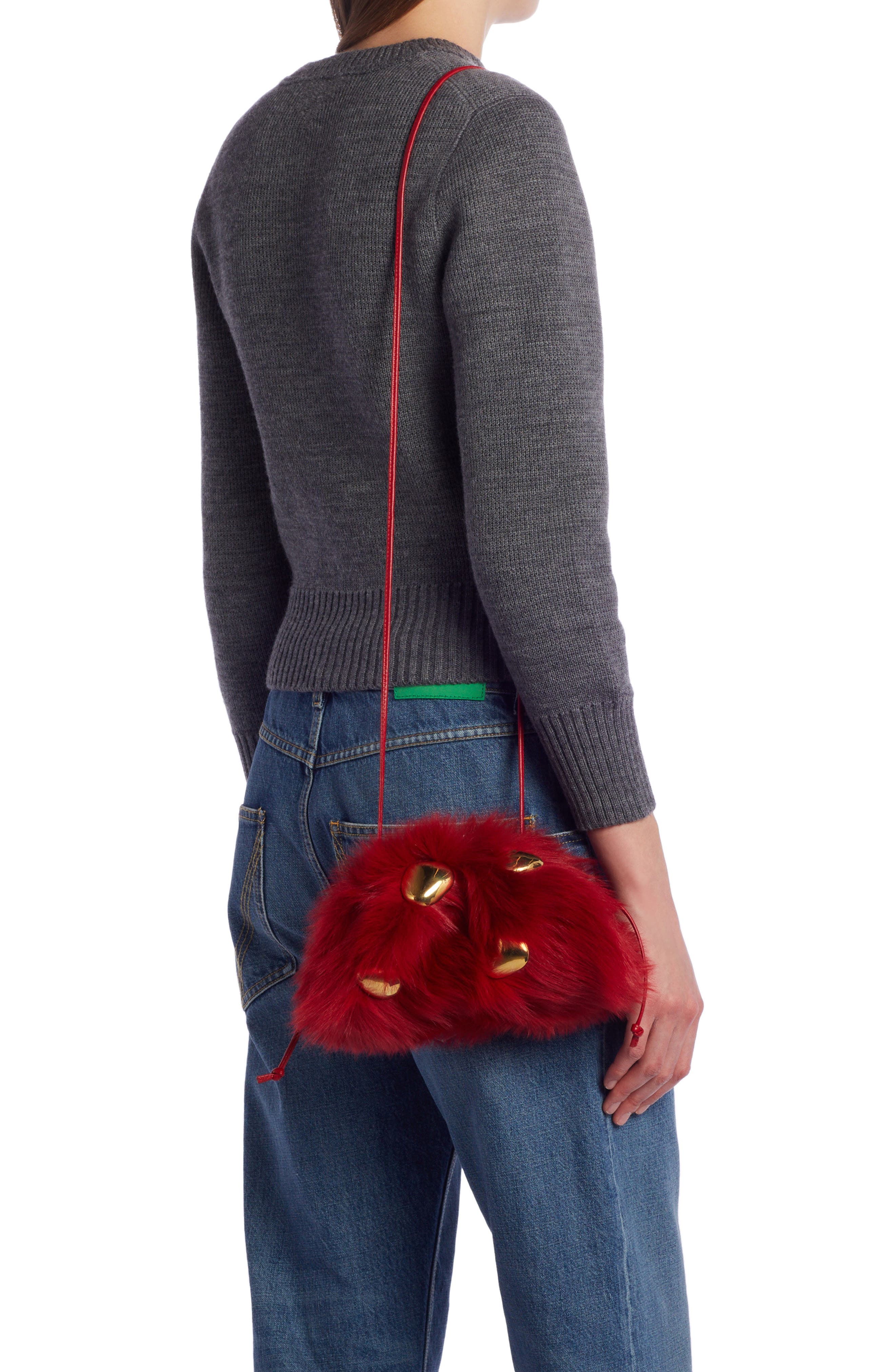 Bottega Veneta Mini The Pouch Stud Embellished Genuine Shearling Clutch, Alternate, color, Apple Candy-M Brass