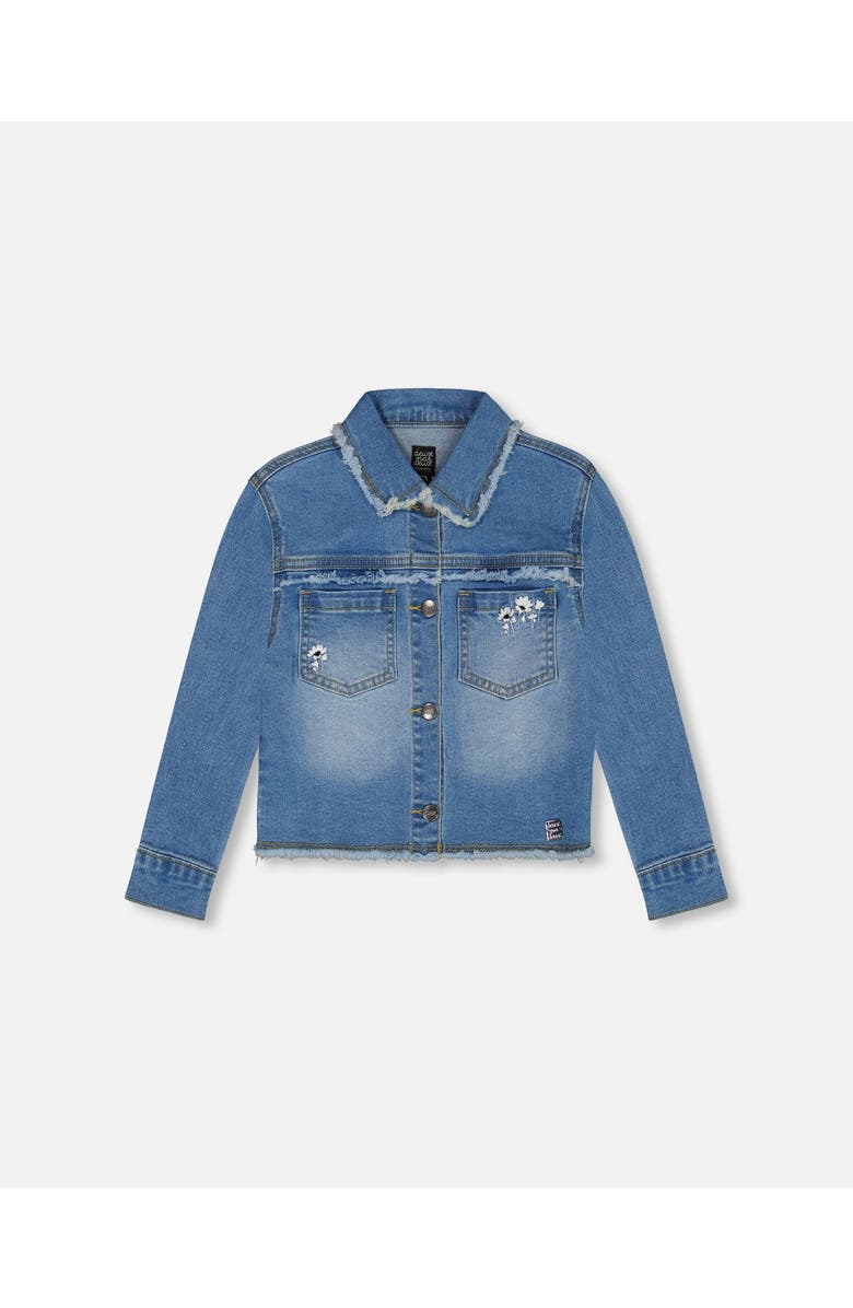 Deux par Deux Girl's Frayed Denim Jacket With Embroidery Jeans Blue, Main, color, 