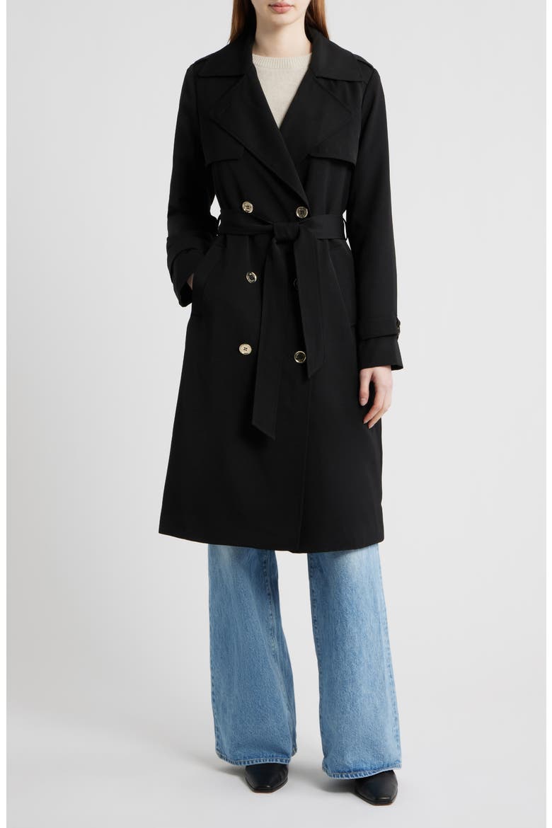 Drapey Tie Waist Trench Coat, Main, color, BLACK