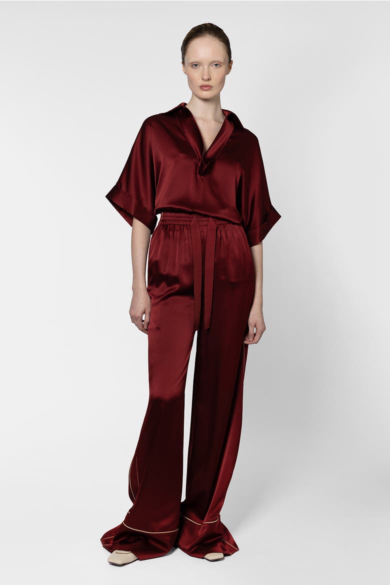 Enira Satin V-Neck Top, Alternate, color, Deep Burgundy