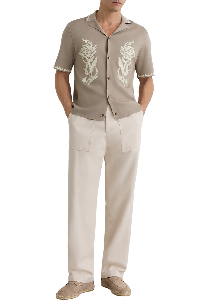 Reiss Folia Floral Embroidered Knit Camp Shirt, Alternate, color, Champagne