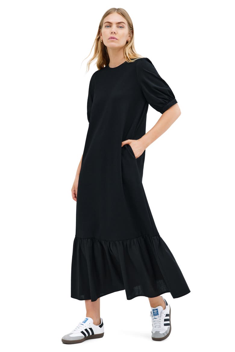 Olivia Mixed Media Midi Dress, Alternate, color, BLACK