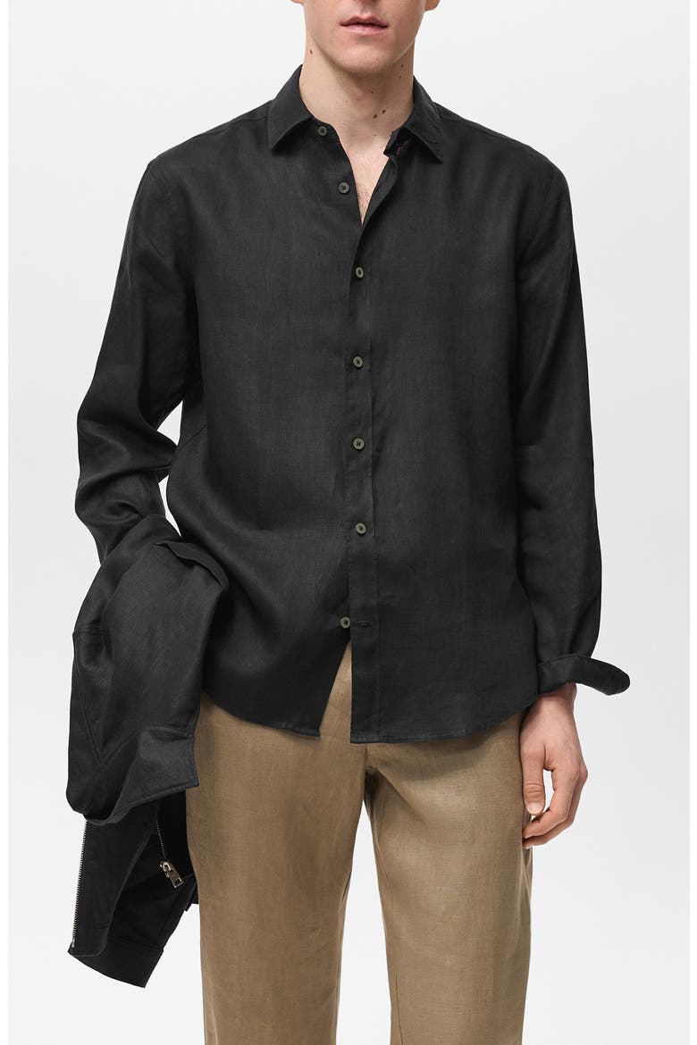 Regular Fit Linen Button-Up Shirt, Main, color, BLACK