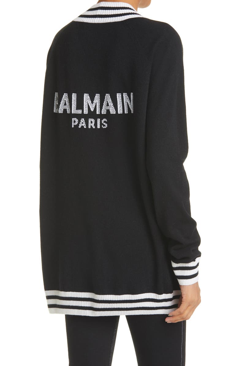 Balmain Logo Stripe Trim Wool Blend Cardigan, Alternate, color, 