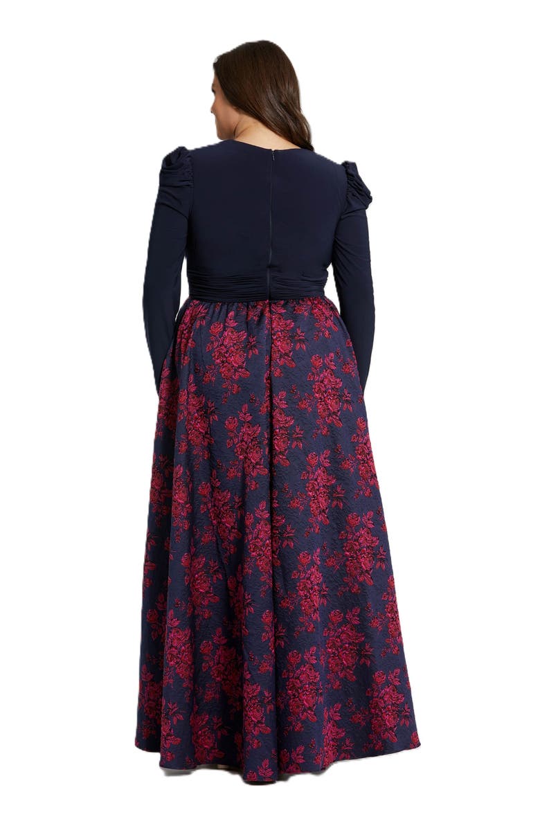 Mac Duggal Long Sleeve Keyhole Knot Neck Floral Bottom Gown, Alternate, color, Midnight