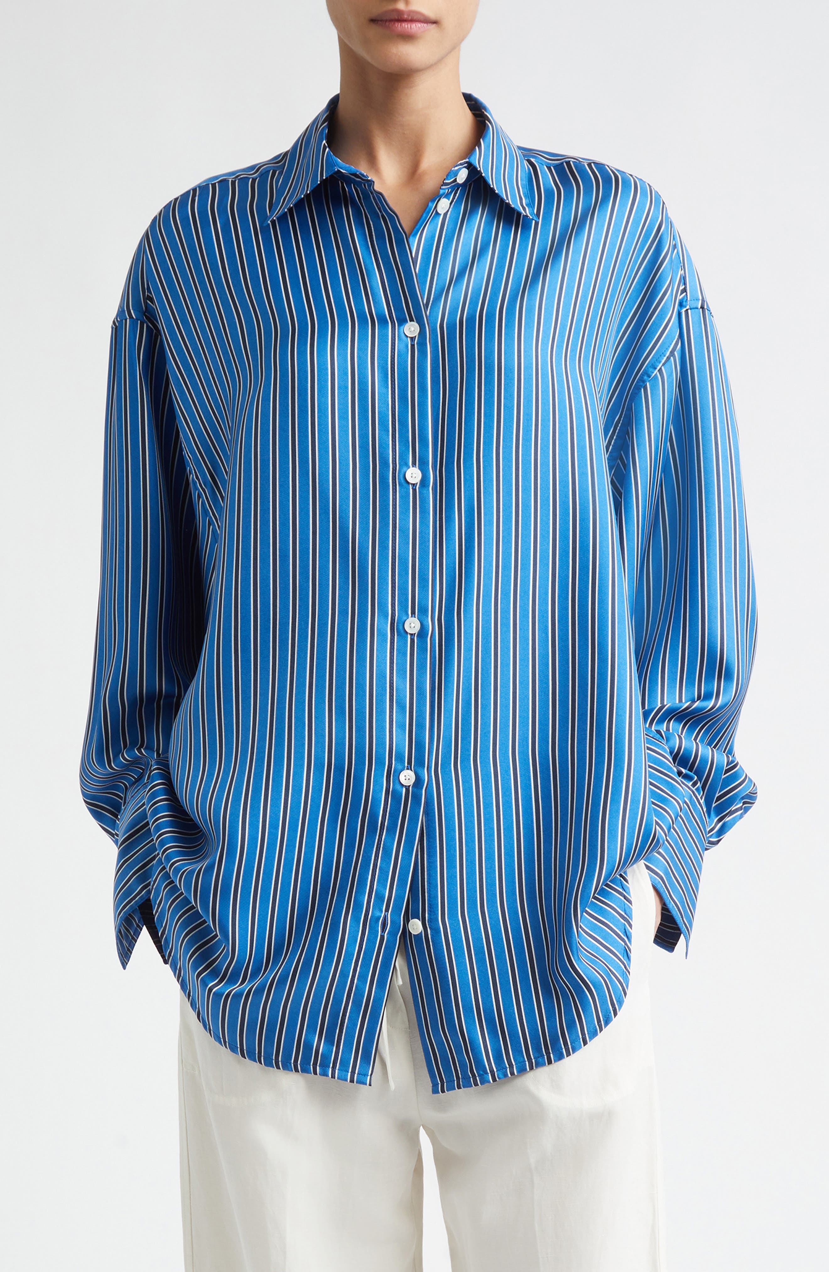 Oversize Stripe Silk Button-Up Shirt - image 3