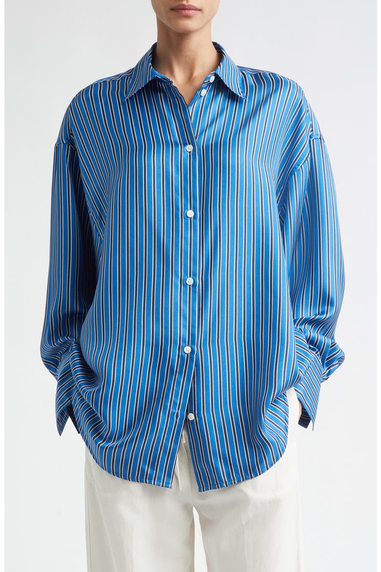 Oversize Stripe Silk Button-Up Shirt, Main, color, BLUE/ NAVY