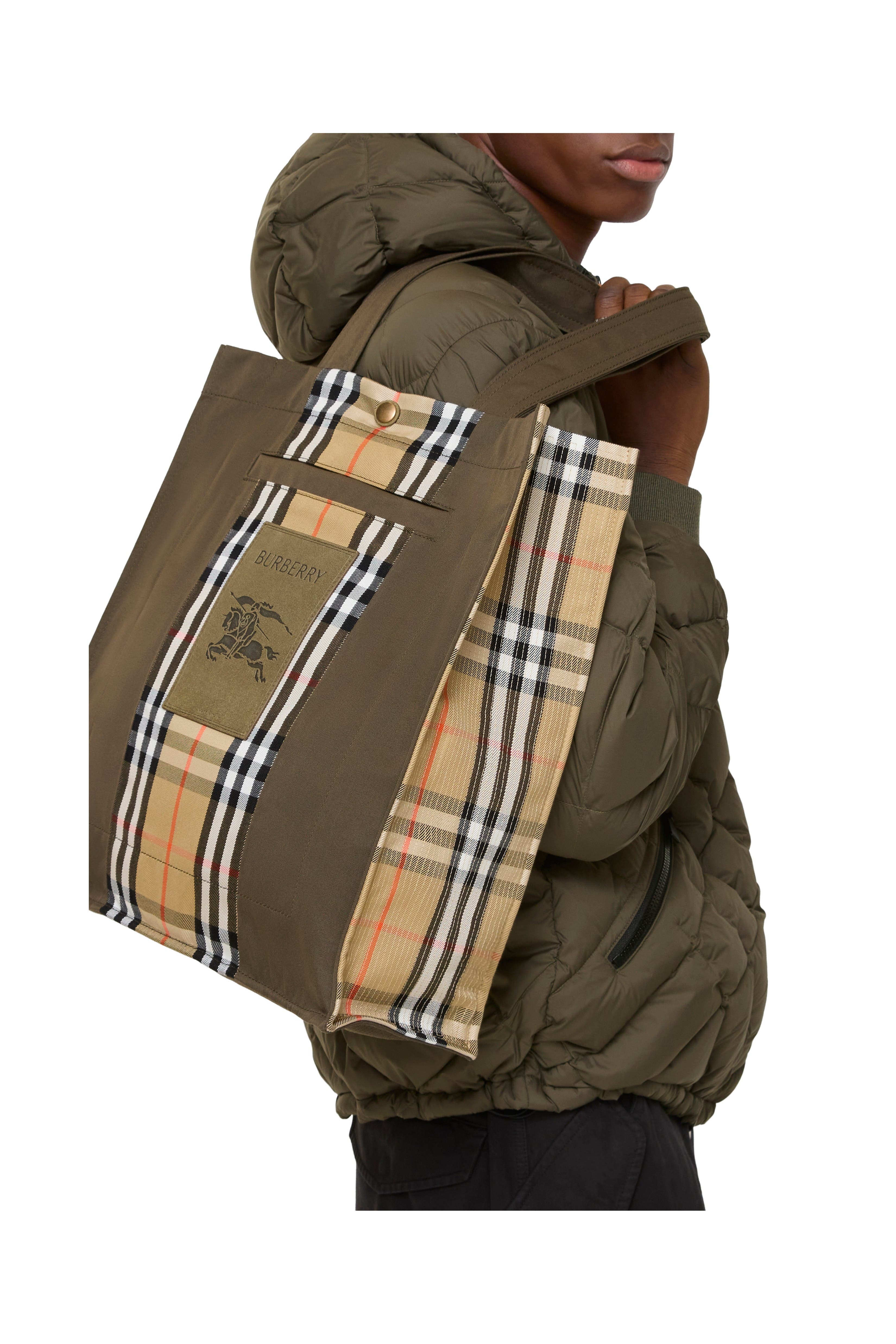 Burberry Check Trench Tote, Alternate, color, Military Green/Sand Beige