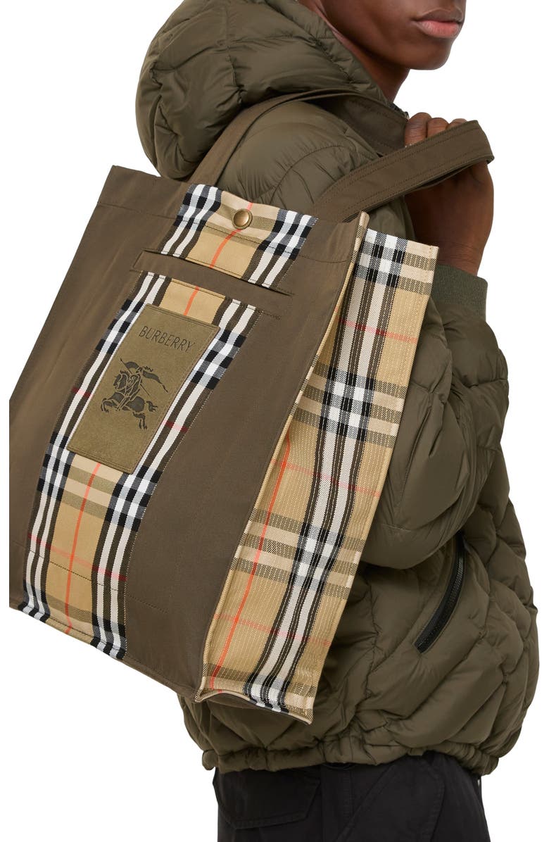 Burberry Check Trench Tote, Alternate, color, Military Green/Sand Beige